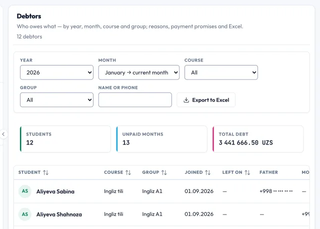 Debtors list: month, course and group filters, with the amount paid and total debt for each student