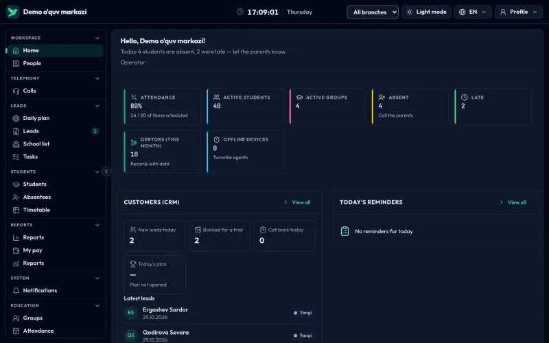 Operator desk: attendance, absences and late arrivals, debtors, leads and reminders