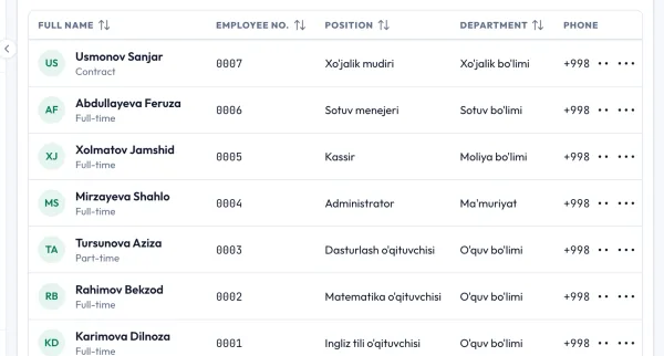 HR module: staff list with position, department, phone and status columns