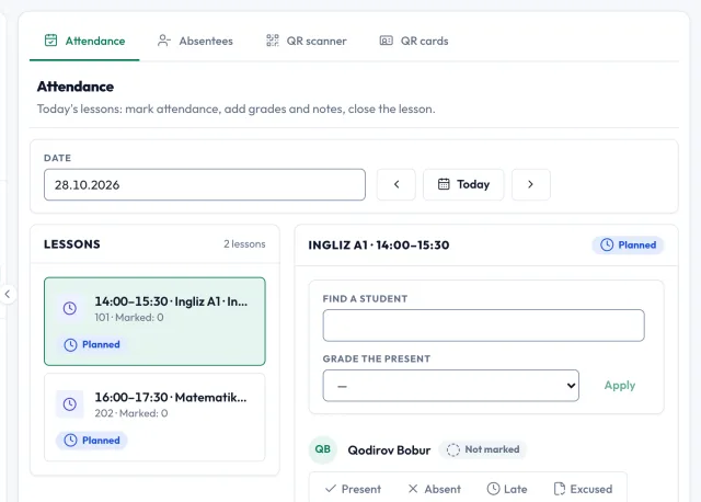 Attendance page: date picker, list of lessons for the selected day and the attendance panel