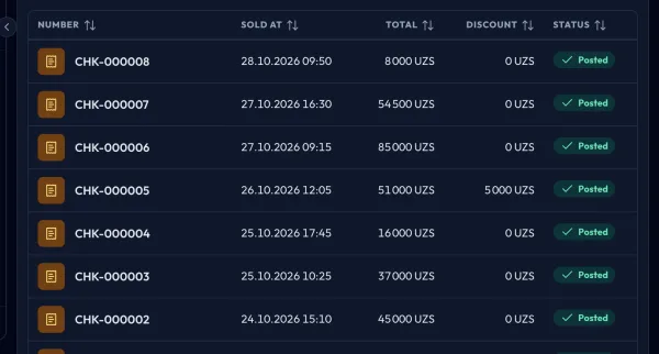 POS and stock module: list of sales receipts with number, time, amount and status