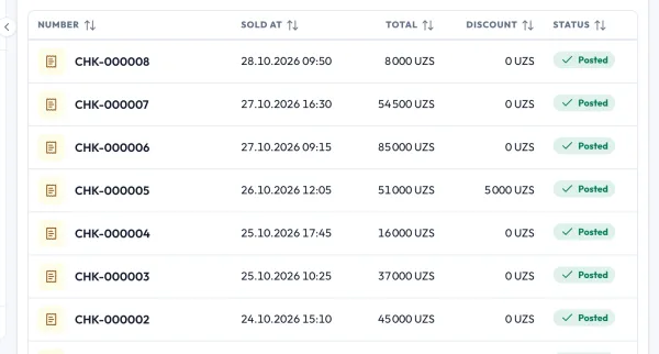 POS and stock module: list of sales receipts with number, time, amount and status