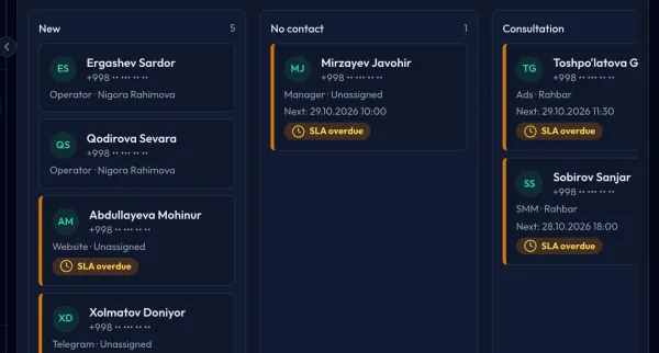 Sales module: the lead pipeline as a kanban board, one column per stage