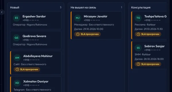 Модуль «Продажи»: воронка лидов в виде канбана, каждый столбец соответствует одному этапу