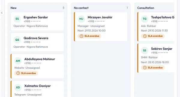 Sales module: the lead pipeline as a kanban board, one column per stage