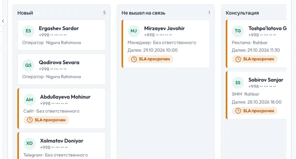 Модуль «Продажи»: воронка лидов в виде канбана, каждый столбец соответствует одному этапу