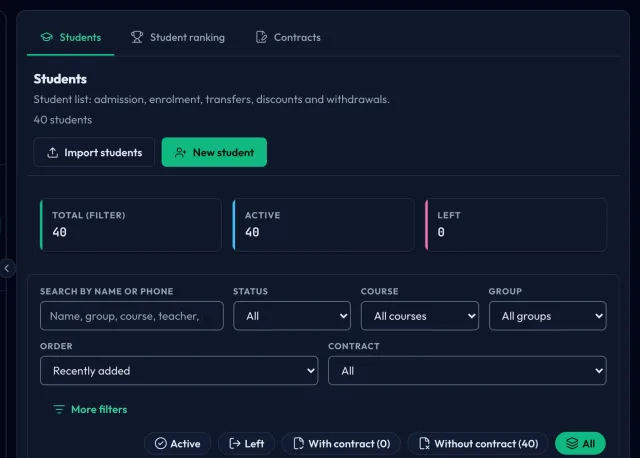 Student list: search, filters and a table with group, phone and status columns