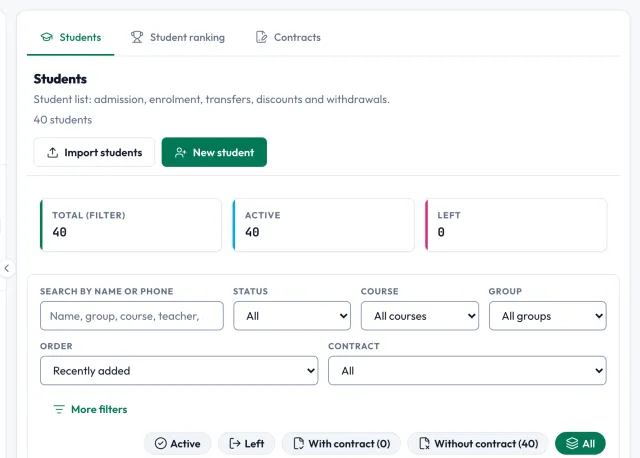 Student list: search, filters and a table with group, phone and status columns